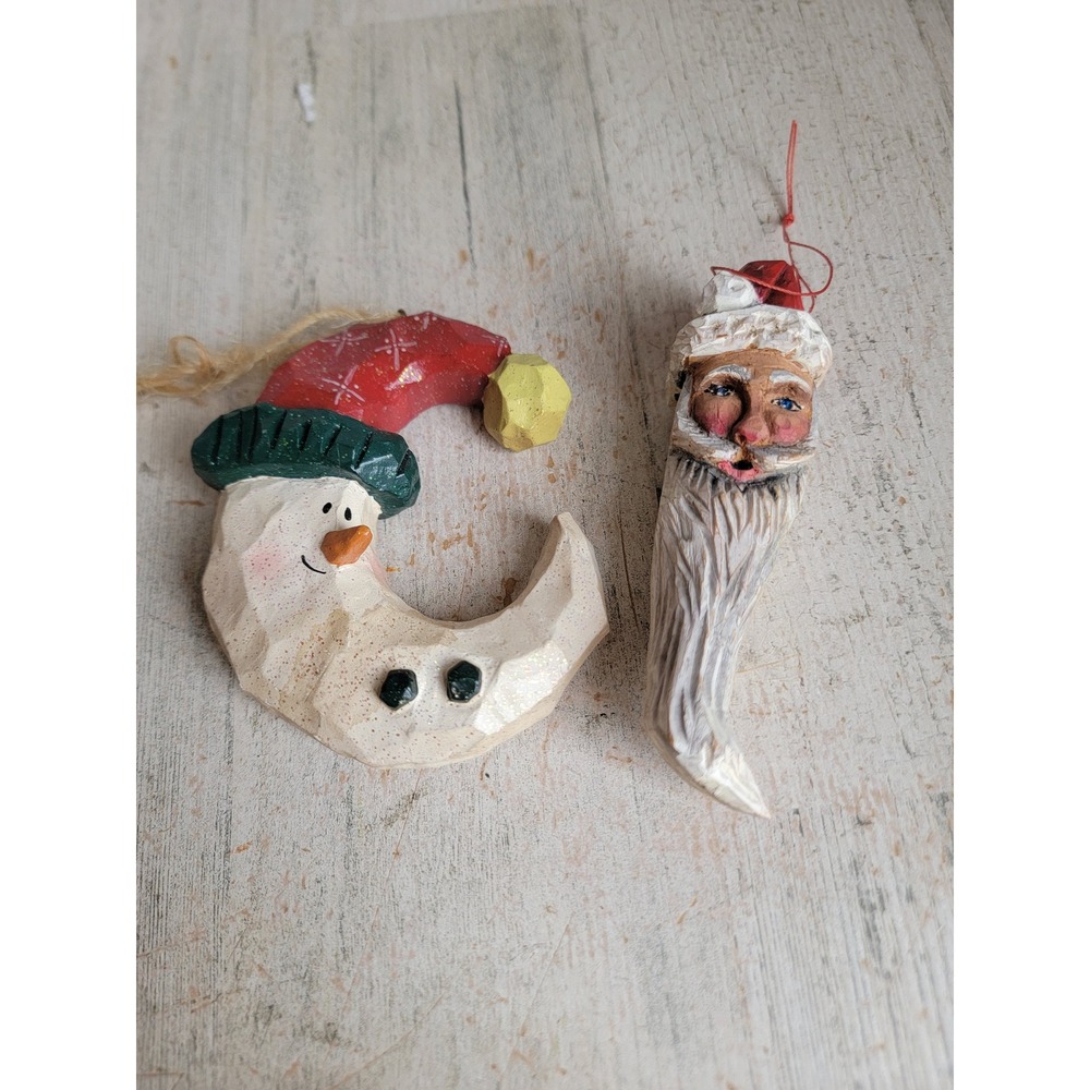 Rustic vintage Santa Claus wooden Moon crescent ornament Xmas set